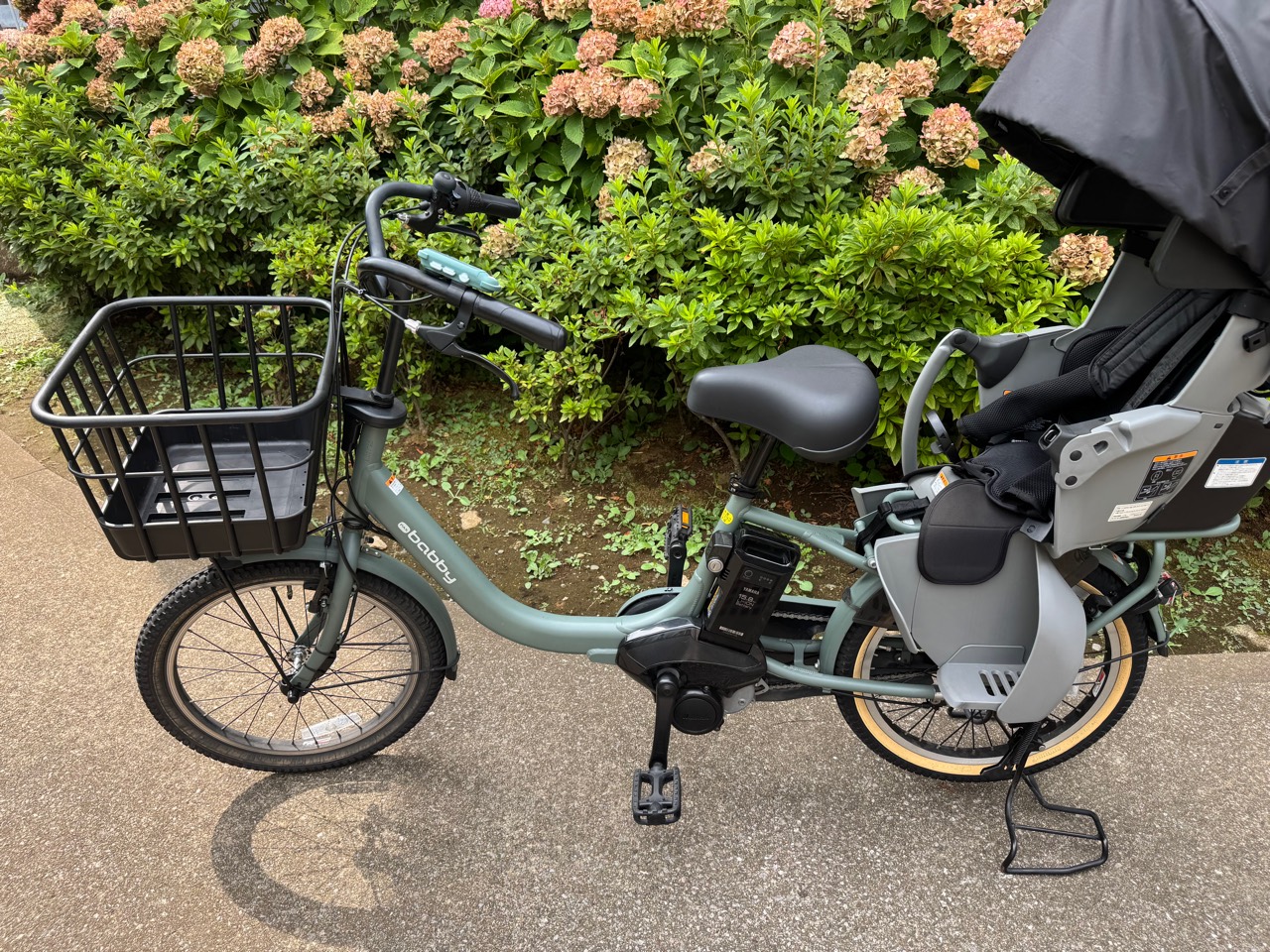 純正レインカバーを付けたマットユーカリ色のPAS babby